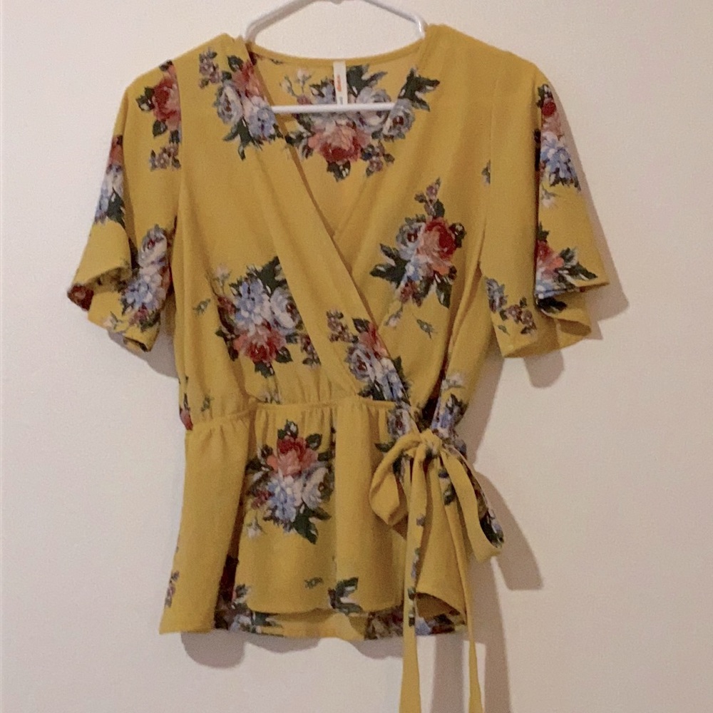 Yellow Floral Faux Wrap Blouse, S